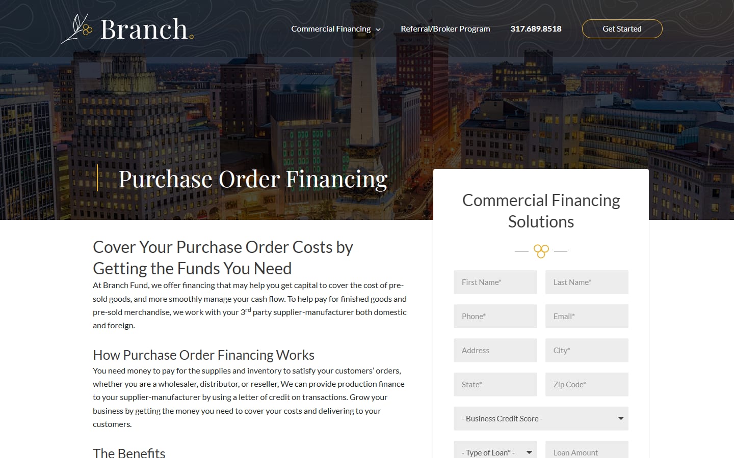 Branch.Fund purchase order financing page