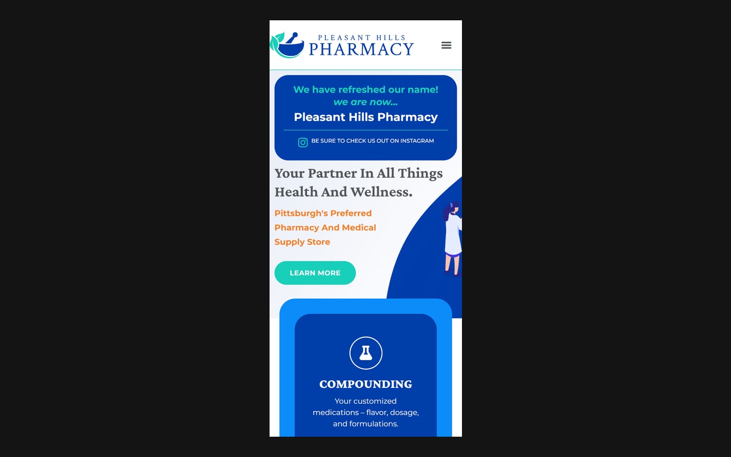 Pleasant Hills Pharmacy homepage on a phone