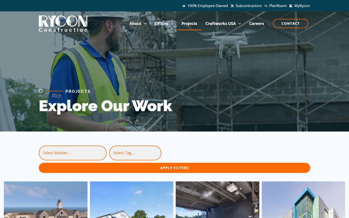 Rycon Construction projects page with market and tag filters