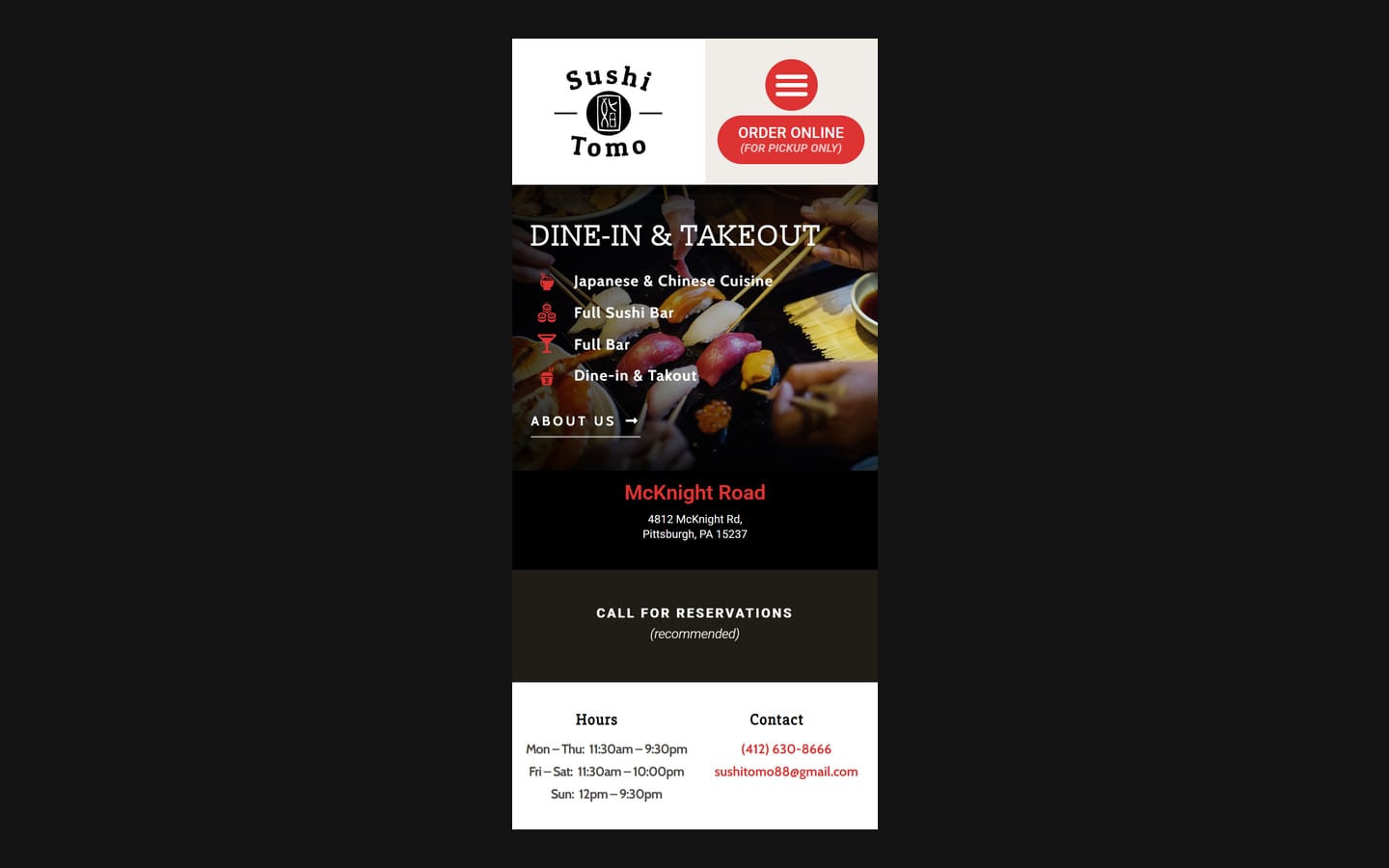 Sushi Tomo homepage on a phone