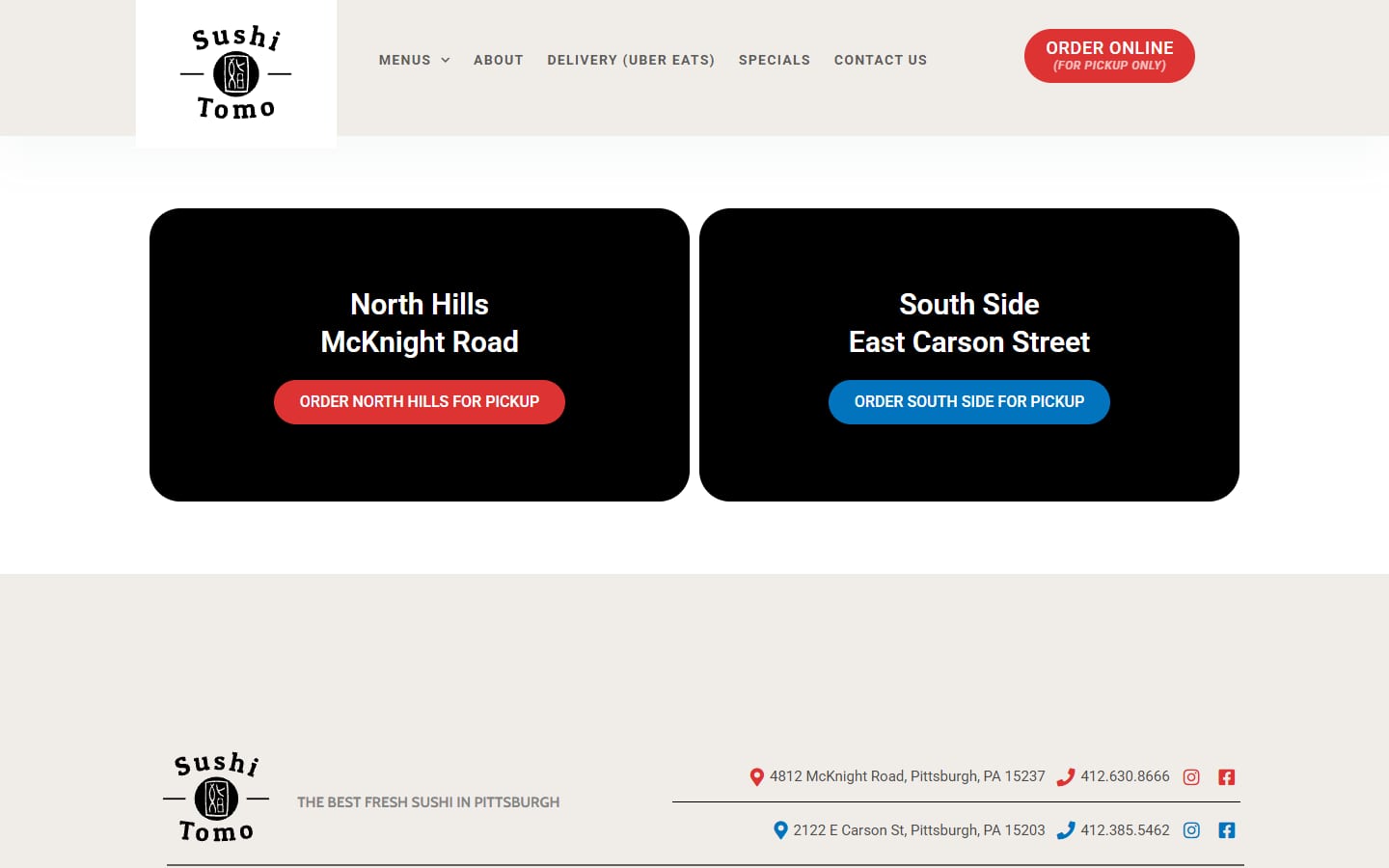 Sushi Tomo online ordering locations page